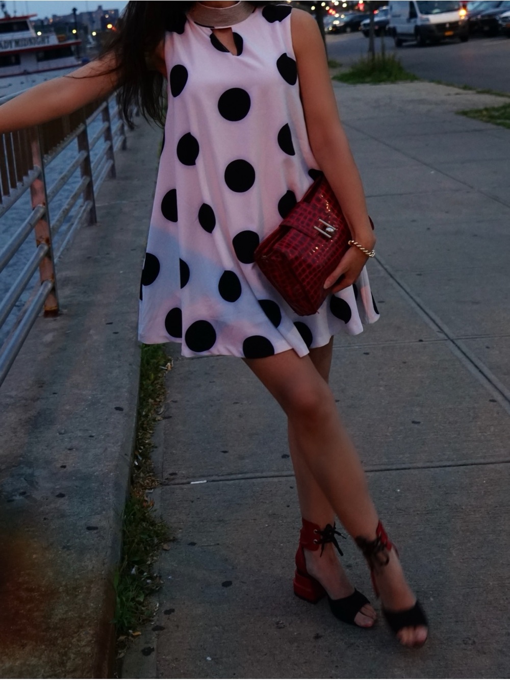 Gracia Polka Dot Dress with metal neckline